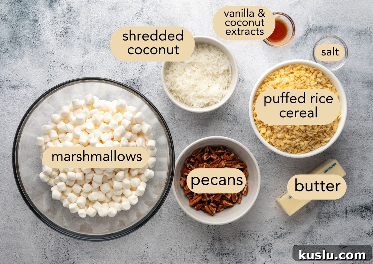 Coconut Pecan Rice Krispie Treats Recipe for Crispy Sweets 3 overhead of ingredients needed to make coconut pecan rice krispie treats in bowls with text label overlays