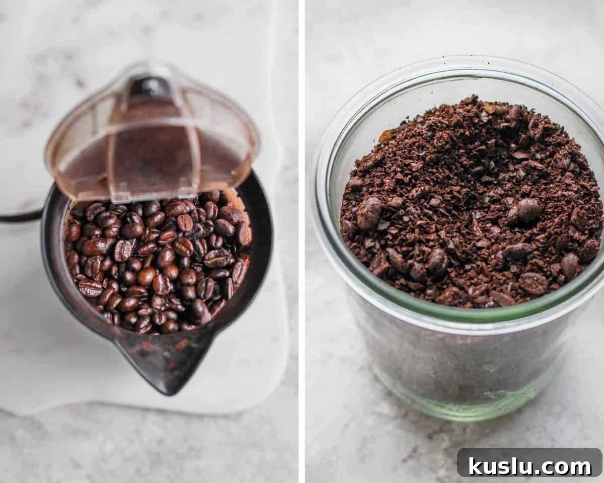 Two images showing coffee beans in a grinder and coarsly ground beans in a jar.
