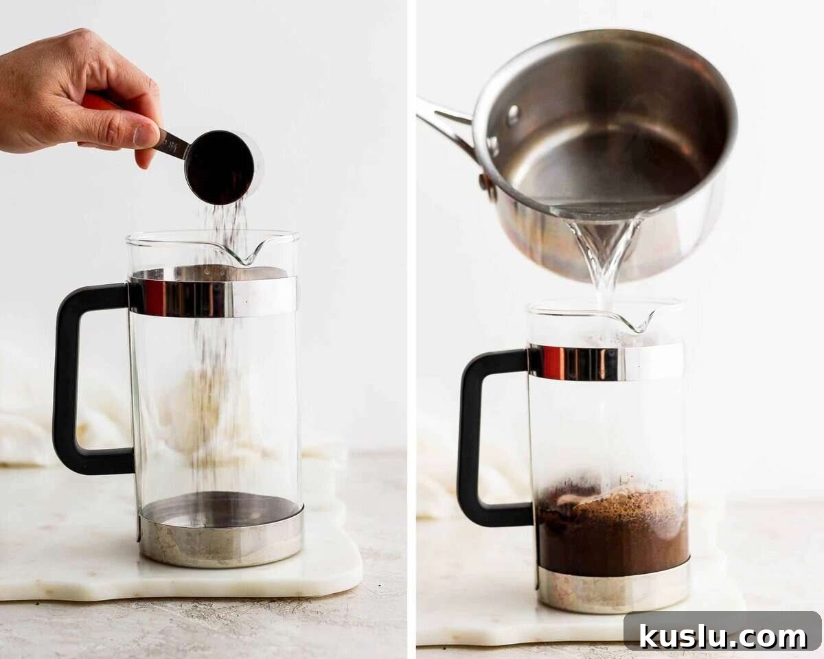 Two images showing the coffee being added to a french press and then the hot water going in.