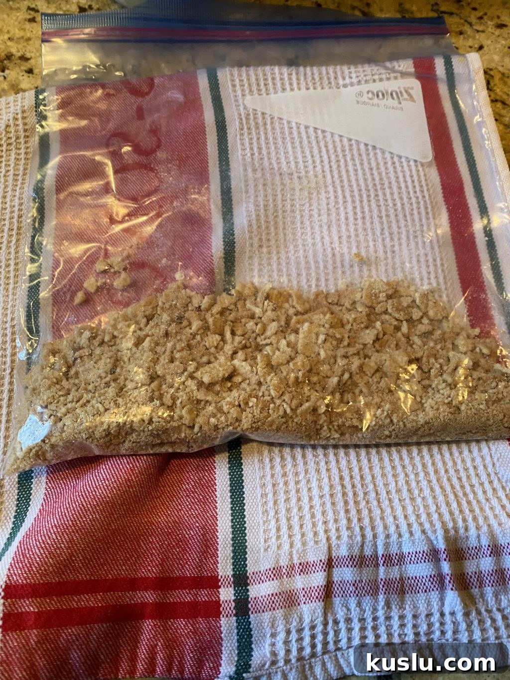 A Ziploc bag filled with crushed Cinnamon Toast Crunch.