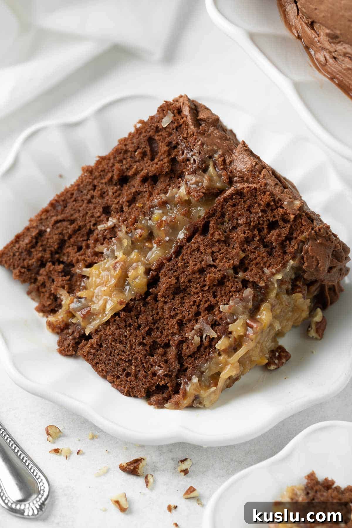 Gluten-Free German Chocolate Cake Recipe — Decadent & Moist 2 A slice of German chocolate cake on a plate