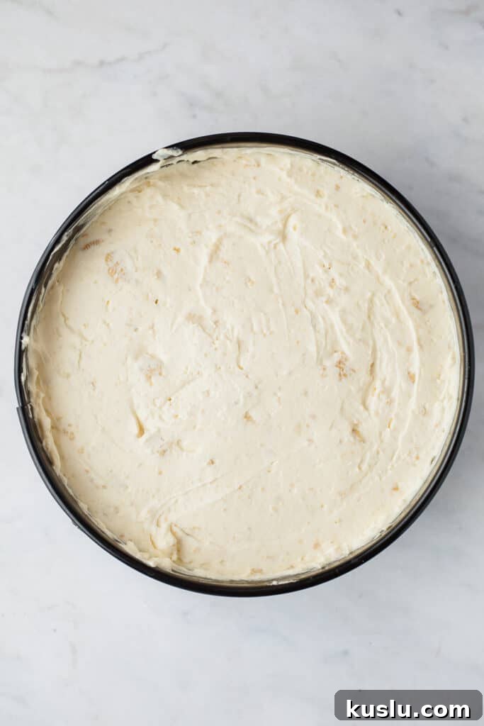 An overhead shot of a springform pan filled with no bake cheesecake batter