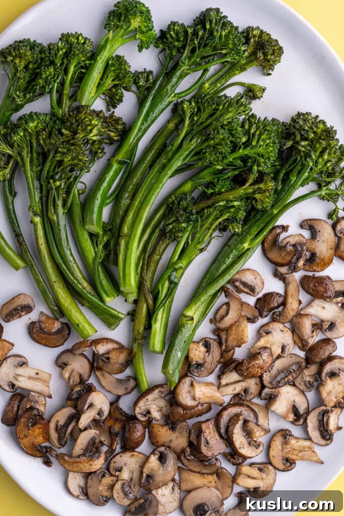 15-Minute Sautéed Broccolini with Garlic Mushrooms 2 Close up of Mushrooms and Broccolini