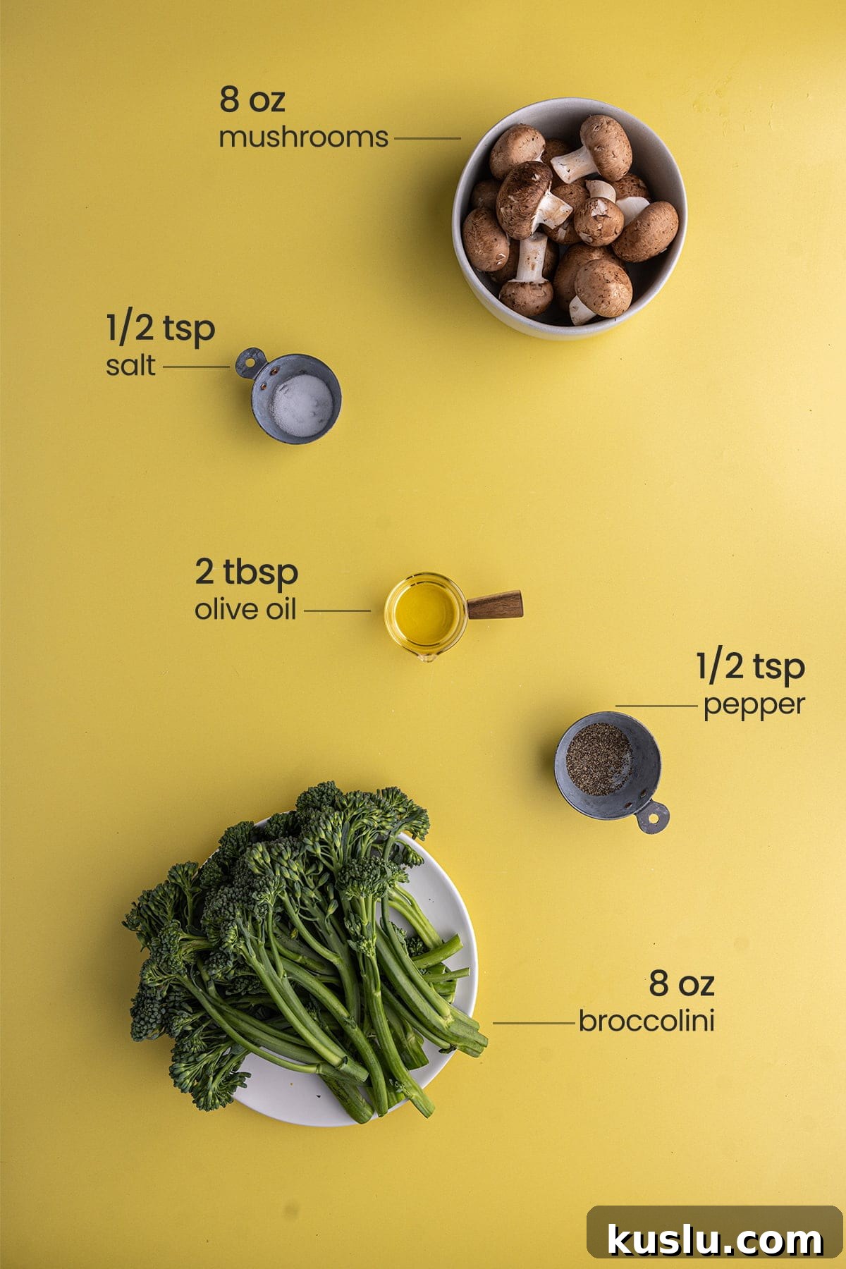 15-Minute Sautéed Broccolini with Garlic Mushrooms 3 ingredients needed for sauteed broccolini and mushrooms - salt, mushrooms, olive oil, pepper, broccolini