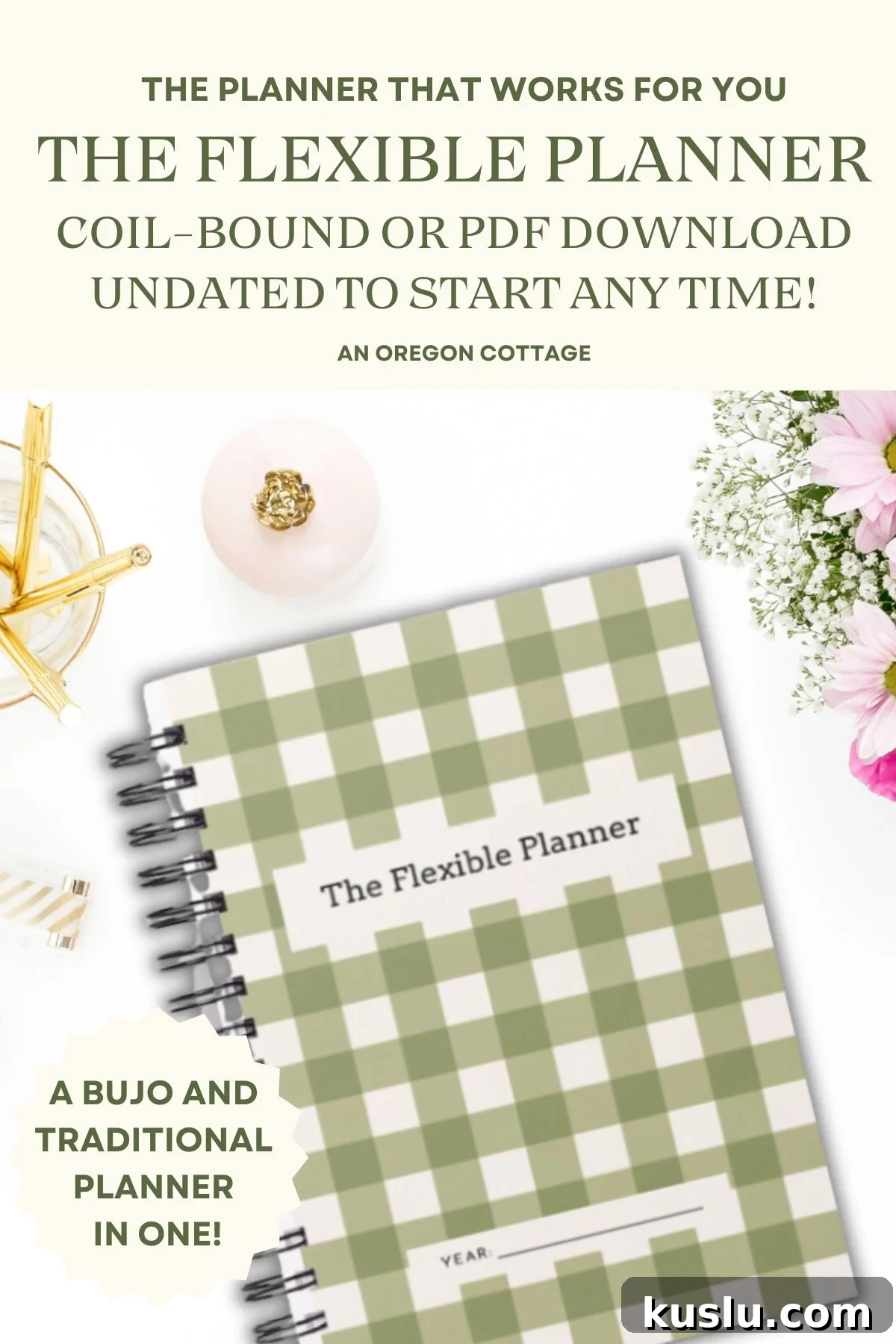 Flexible Planner You Can Start Anytime — Includes Free Habit Tracker 2 green gingham cover of Flexible planner on white background