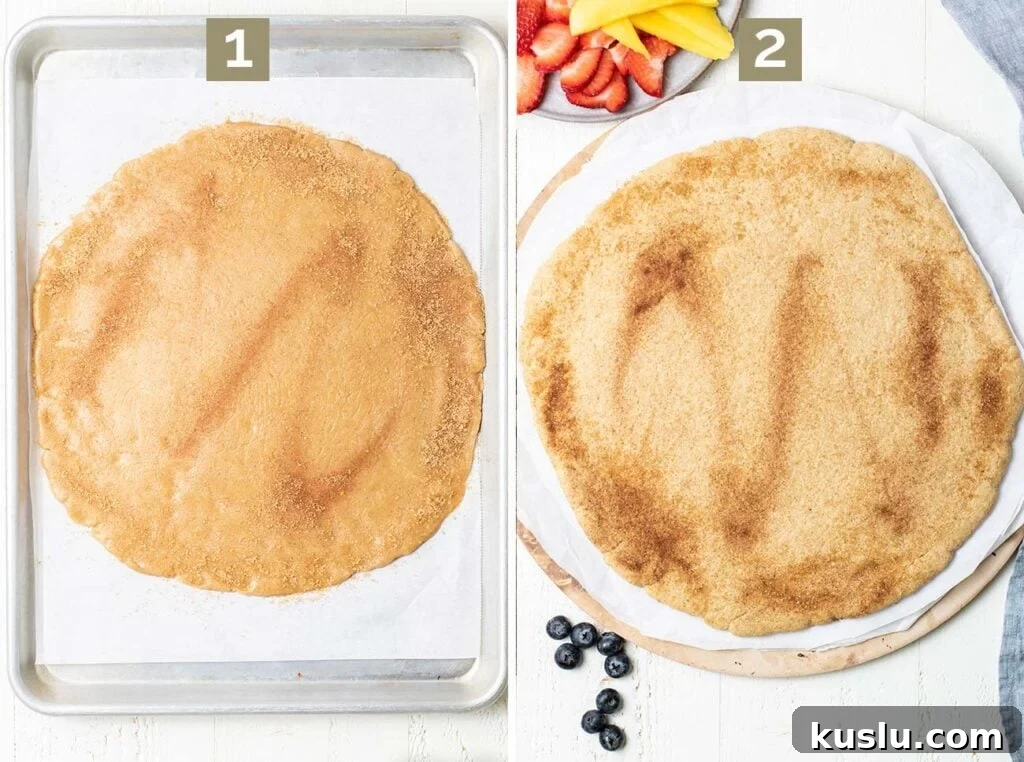 Fresh Fruit Pizza on a Crisp Cookie Crust: Summer Dessert Recipe 5 Step 1 shows making the cookie dough a large round shape, and step 2 shows baking the cookie and chilling it.