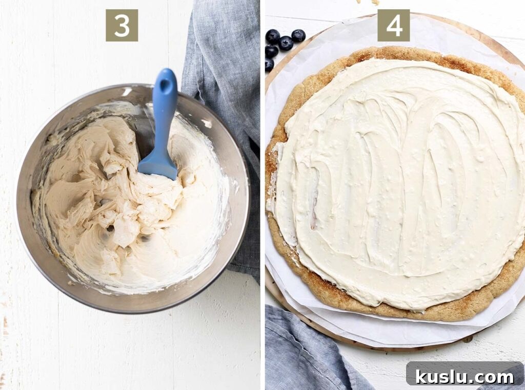 Fresh Fruit Pizza on a Crisp Cookie Crust: Summer Dessert Recipe 6 Step 3 shows making a cream cheese frosting, and step 4 shows frosting the chilled cookie.