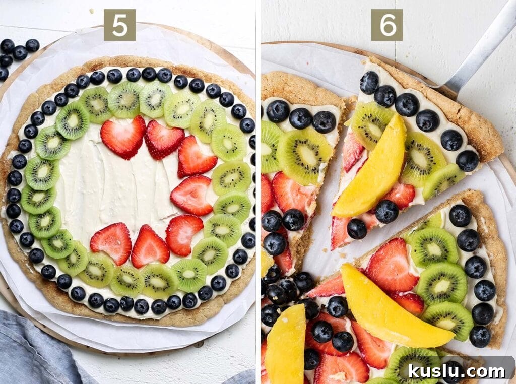 Fresh Fruit Pizza on a Crisp Cookie Crust: Summer Dessert Recipe 7 Step 5 shows topping the cookie with fruit, and step 6 shows slicing the fruit pizza.
