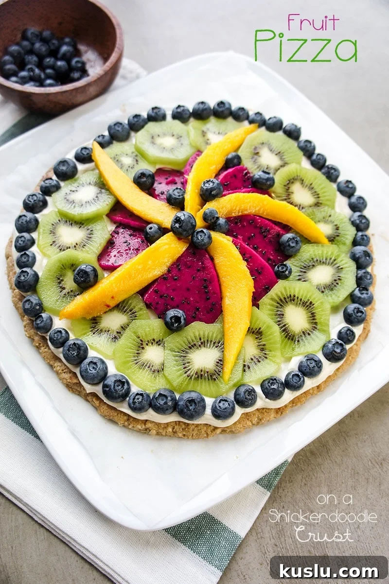 Fresh Fruit Pizza on a Crisp Cookie Crust: Summer Dessert Recipe 8 Fruit Pizza on a Snickerdoodle Crust / This gluten-free beauty makes an impressive summer dessert! Customize with in-season fruit.