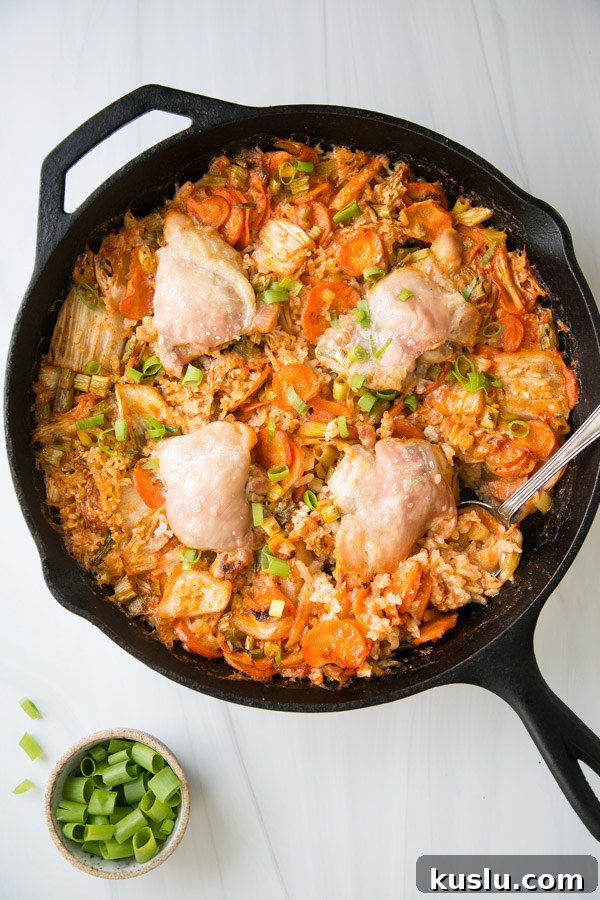 kimchi chicken casserole in a skillet