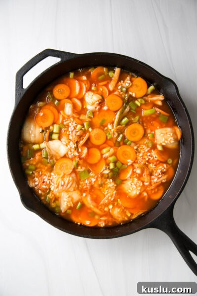 kimchi chicken casserole in a skillet