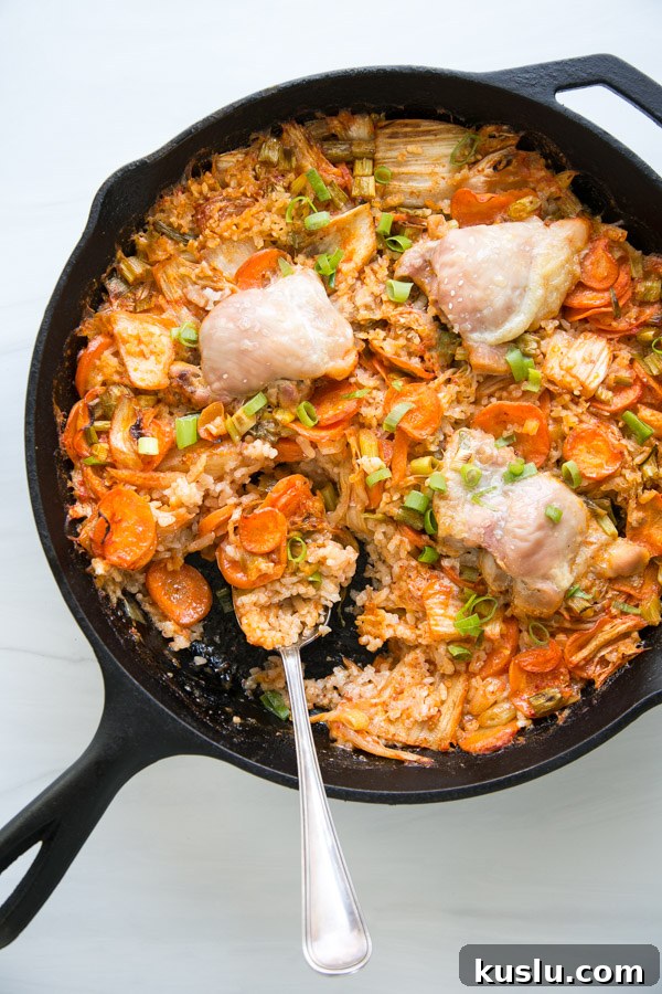 kimchi chicken casserole in a skillet