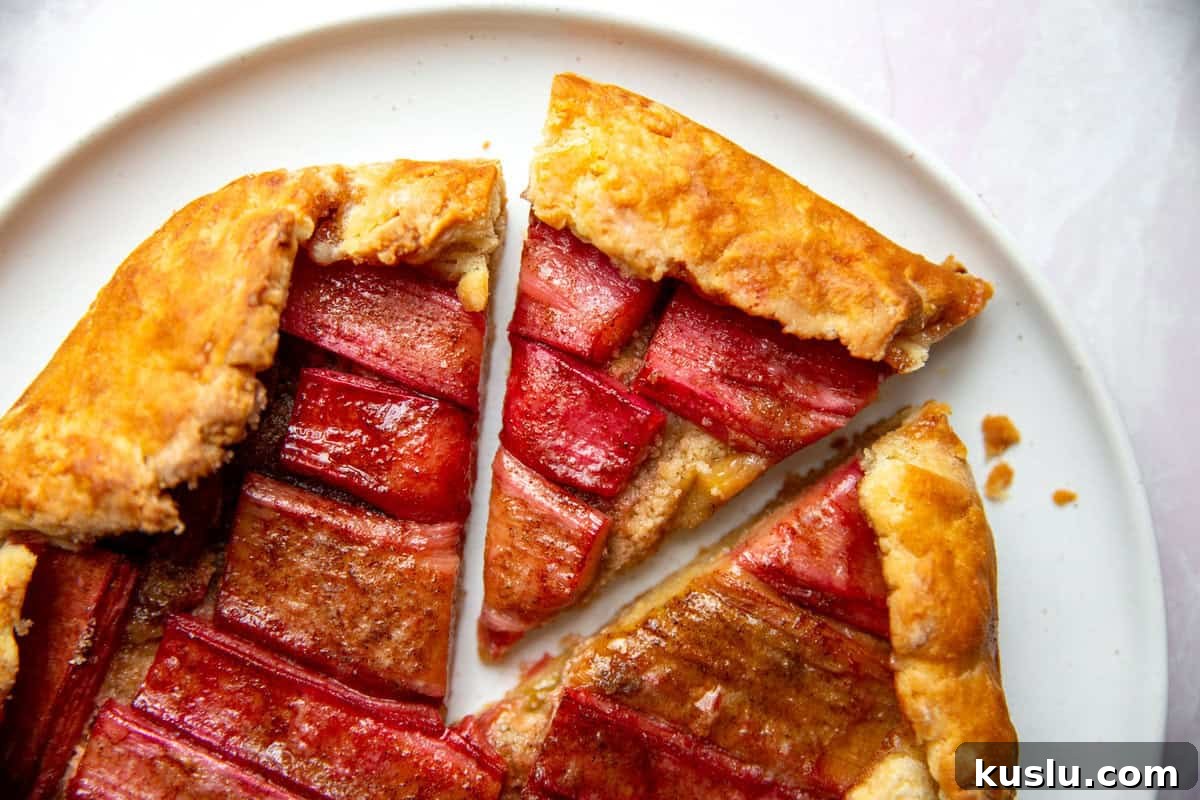 an up close shot of a slice of galette topped with rhubarb