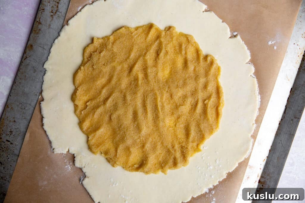 a pie dough round topped with almond frangipane