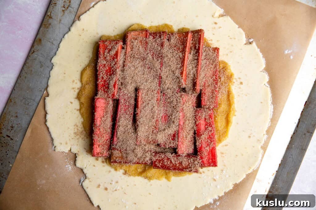 a piece of pie dough topped with almond filling and rhubarb