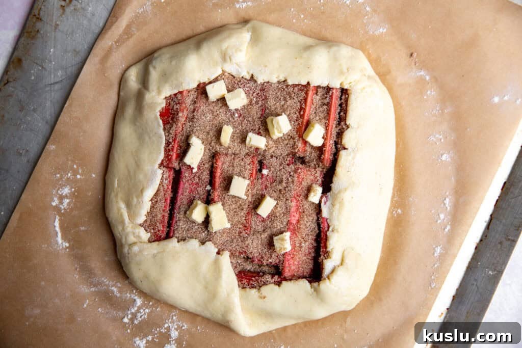 an unbaked galette stuffed with rhubarb and almond filling