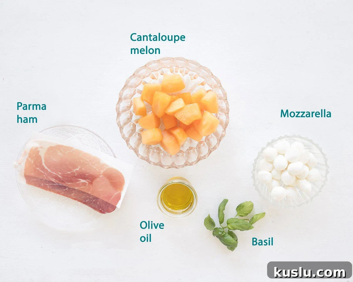 Ingredients Melon Salad with Mozzarella & Parma Ham on a white background with text description