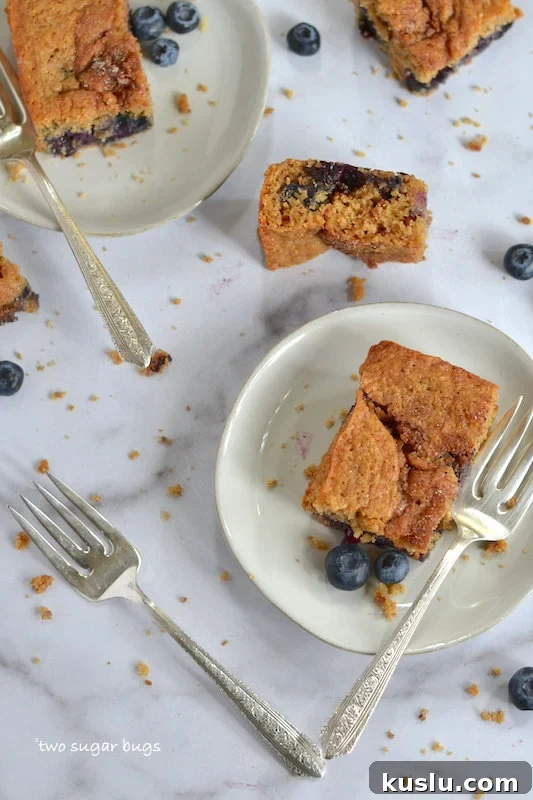 Blueberry Coffee Cake Recipe With Buttery Streusel 4 blueberry coffee cake on plates with forks