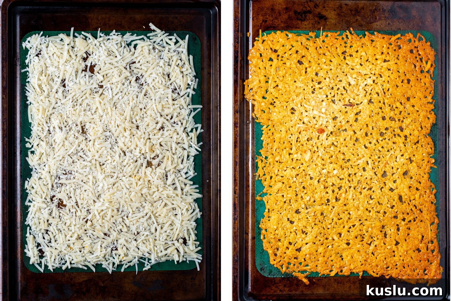 side by side photo of untoasted parmesan cheese and baked crispy parmesan cheese