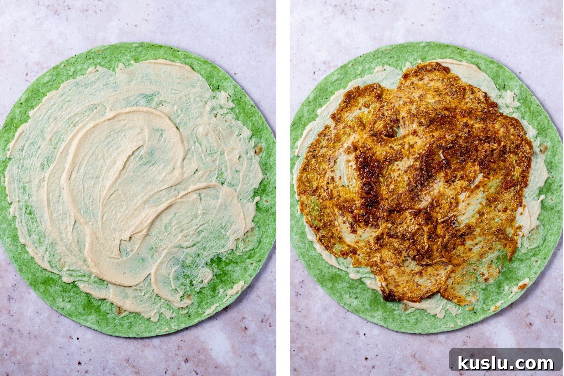 side by side photos of tortilla with hummus and tortilla with hummus and sun-dried tomato pesto