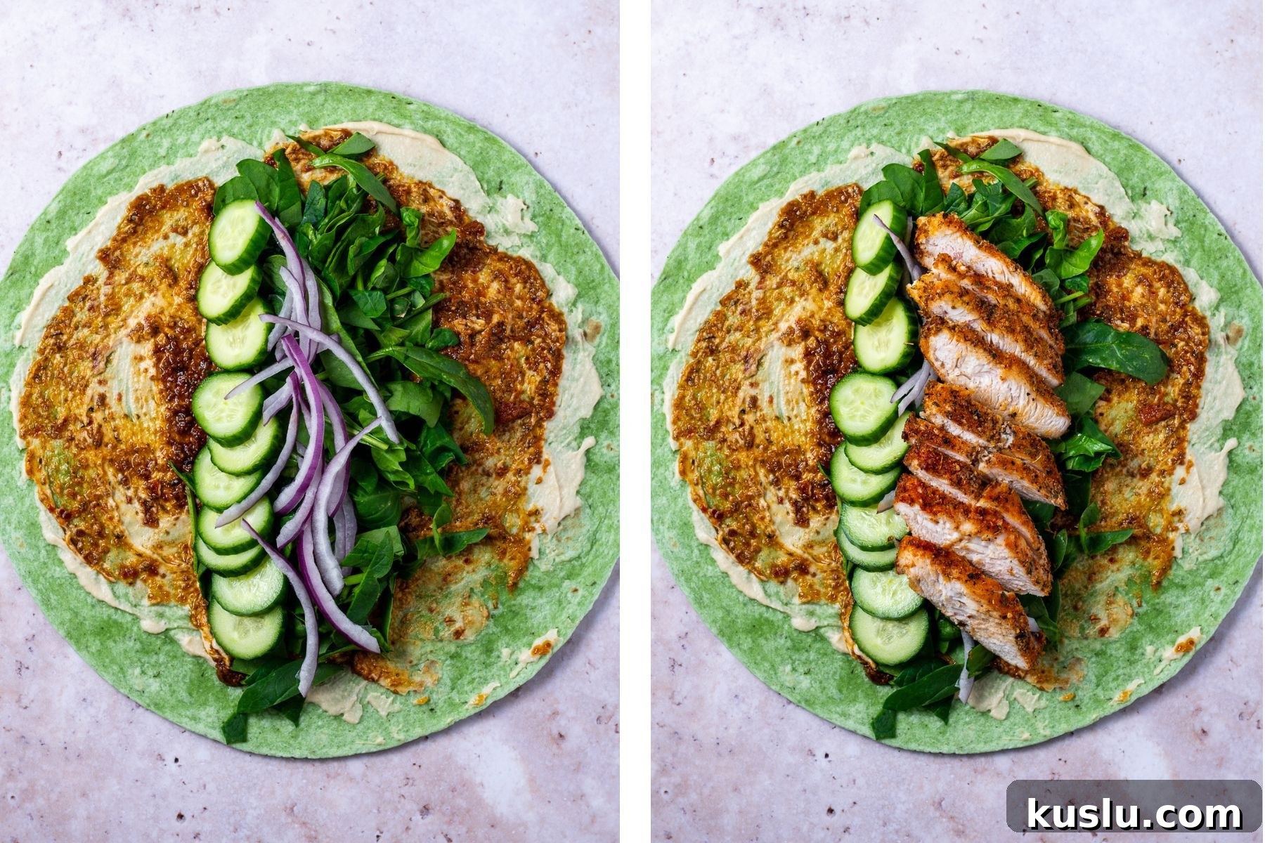 side by side photos of wrap with veggies and wrap with chicken and veggies