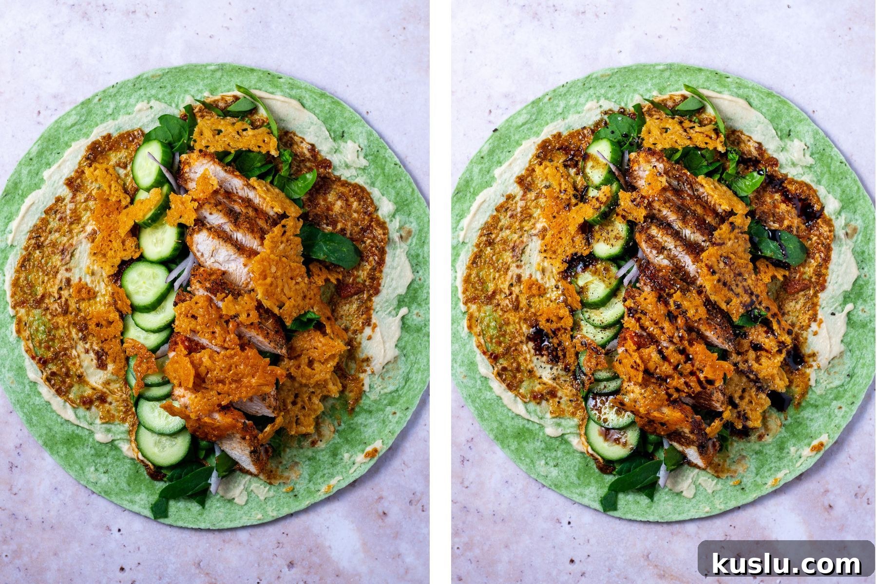 side by side pictures of the wrap with and without balsamic glaze