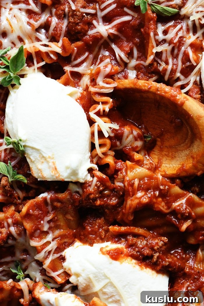 One-Pan Skillet Lasagna: Quick Comfort Dinner Recipe 2 Closeup of lasagna with cheeses, pasta, meat sauce and herbs