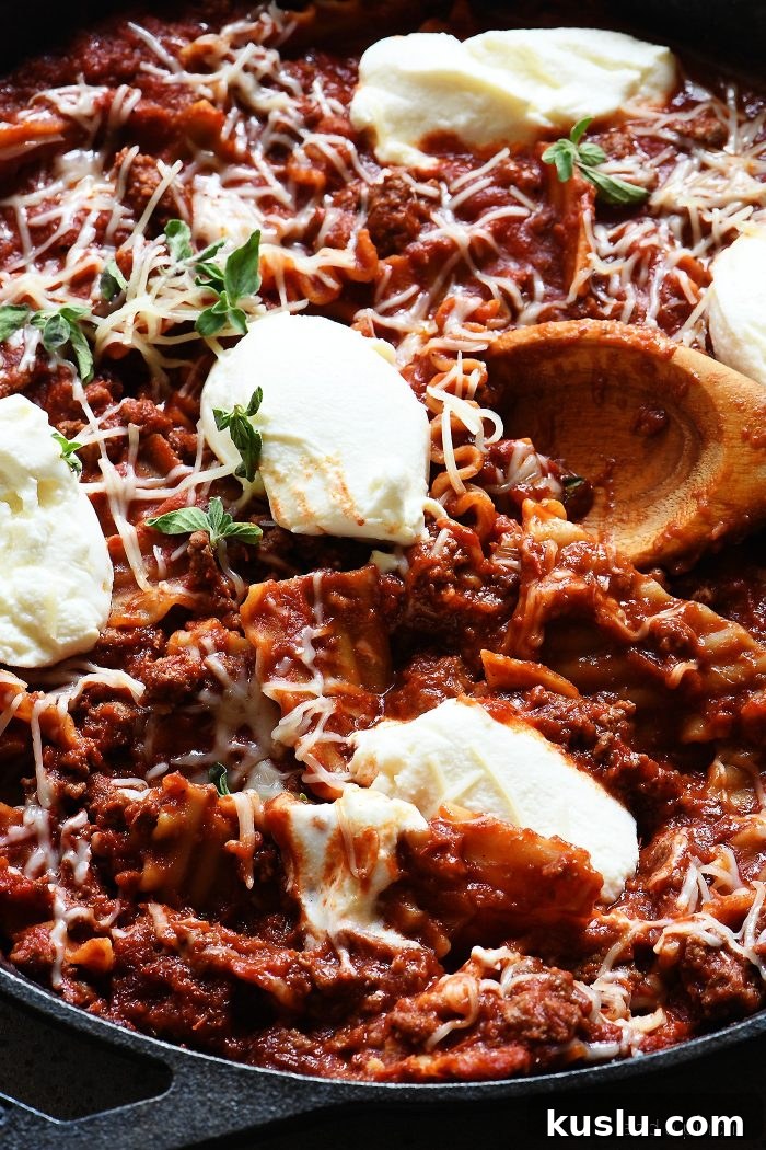 One-Pan Skillet Lasagna: Quick Comfort Dinner Recipe 4 Skillet filled with lasagna topped with ricotta and parmesan cheeses as well as fresh herbs