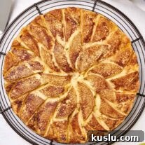 Moist Golden Delicious Apple Cake Recipe for Fall Baking 10 Freshly baked apple cake topped with sliced Golden Delicious apples and cinnamon sugar, cooling on a wire rack, waiting to be sliced.