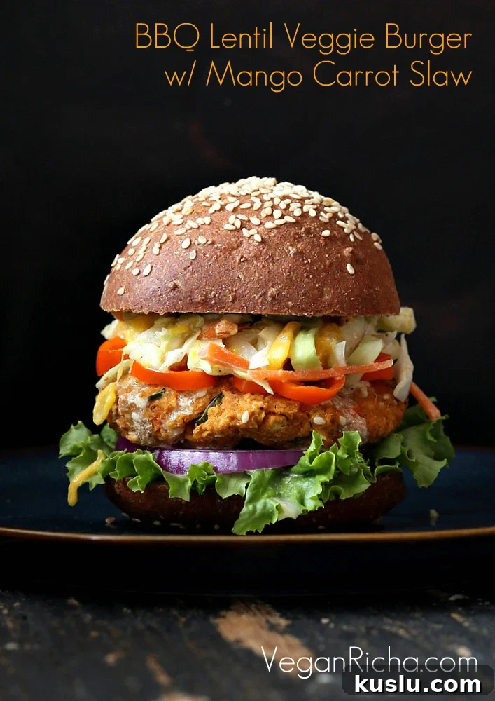BBQ Veggie Burger with Mango Carrot Cabbage slaw