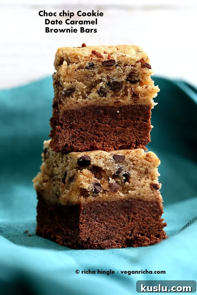 Layered chocolate cookie date caramel brownies