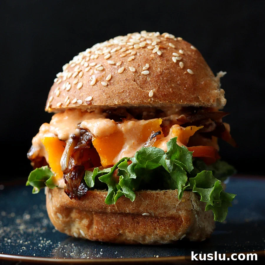 Roasted Butternut Squash, Caramelized Onion, Sriracha Mayo Sandwich