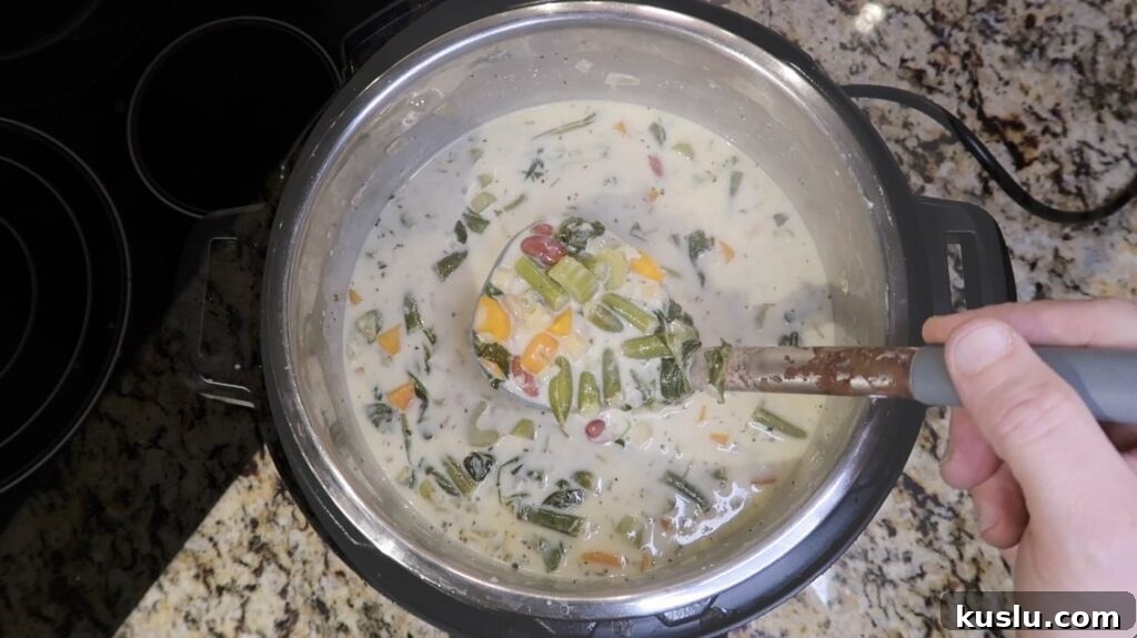 Instant Pot White Minestrone Soup Recipe for Quick Comfort 22 Ladle of soup