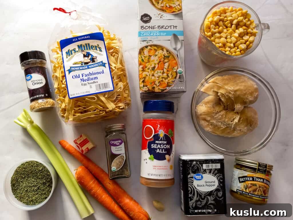Amish Chicken and Corn Noodle Soup Recipe 2 Ingredients: noodles, broth, chicken, corn, carrots, celery, and seasonings.