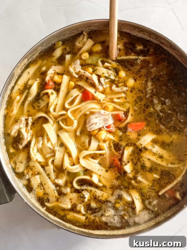 Amish Chicken and Corn Noodle Soup Recipe 4 a large pot of chicken corn noodle soup.