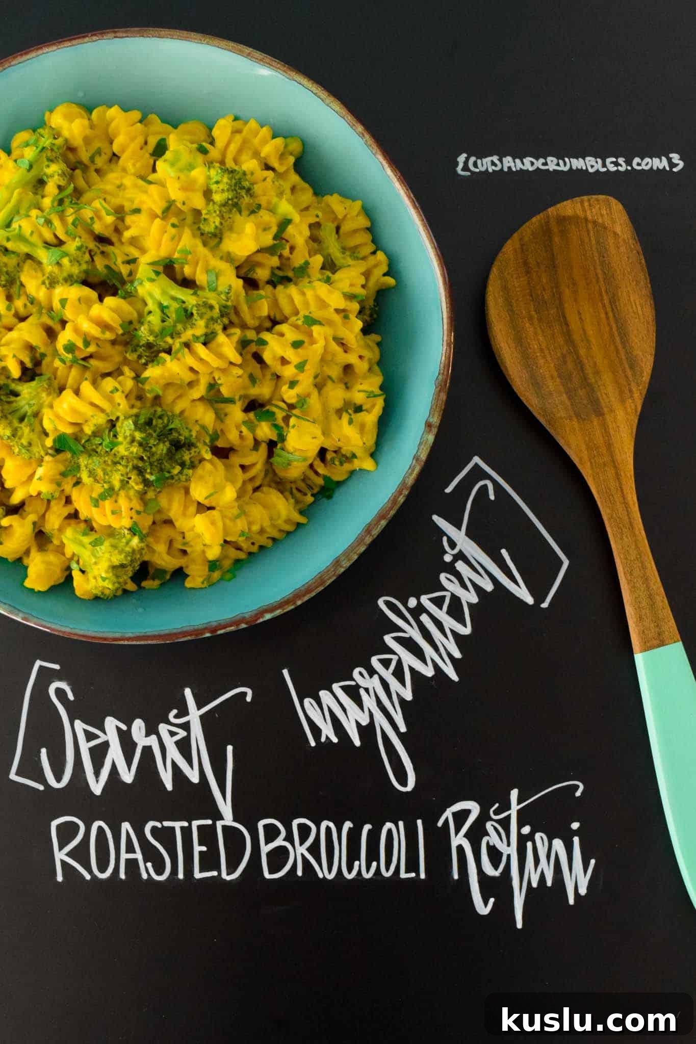 Secret Ingredient Roasted Broccoli Rotini with title written on chalkboard