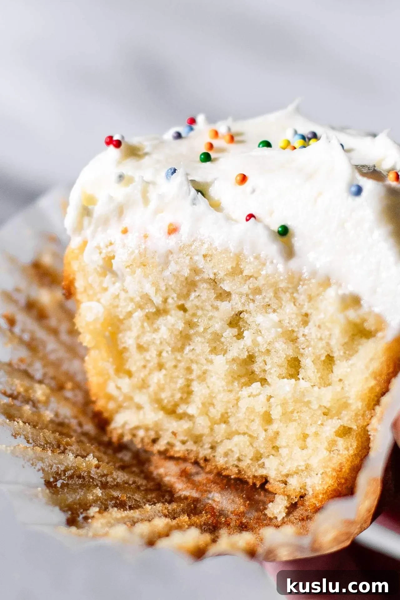 Classic Vanilla Cupcakes Recipe for Perfect Moist Cupcakes 2 hand holding up best vanilla cupcake with bite missing (1)