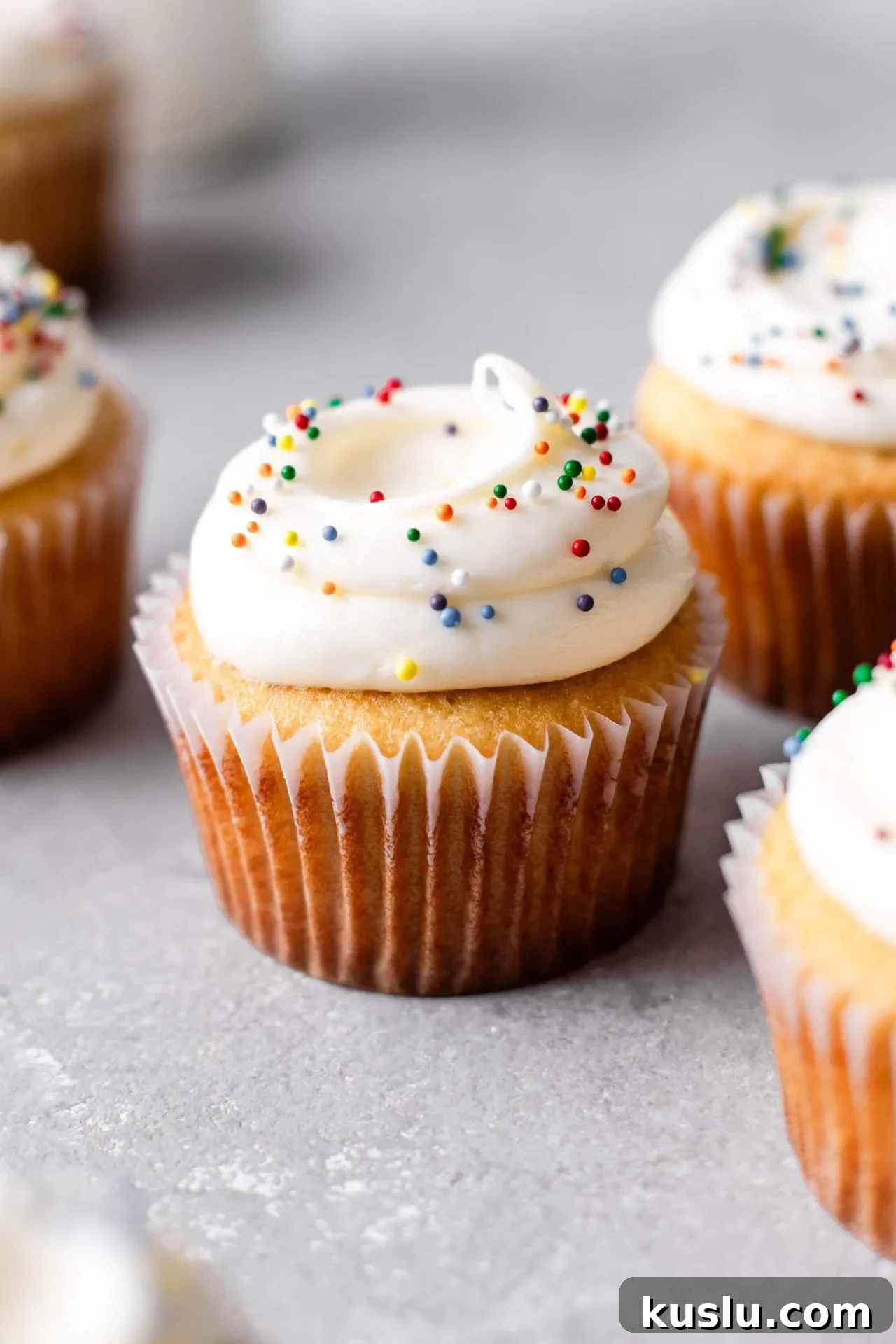 Classic Vanilla Cupcakes Recipe for Perfect Moist Cupcakes 3 frosted best vanilla cupcakes on table (2)
