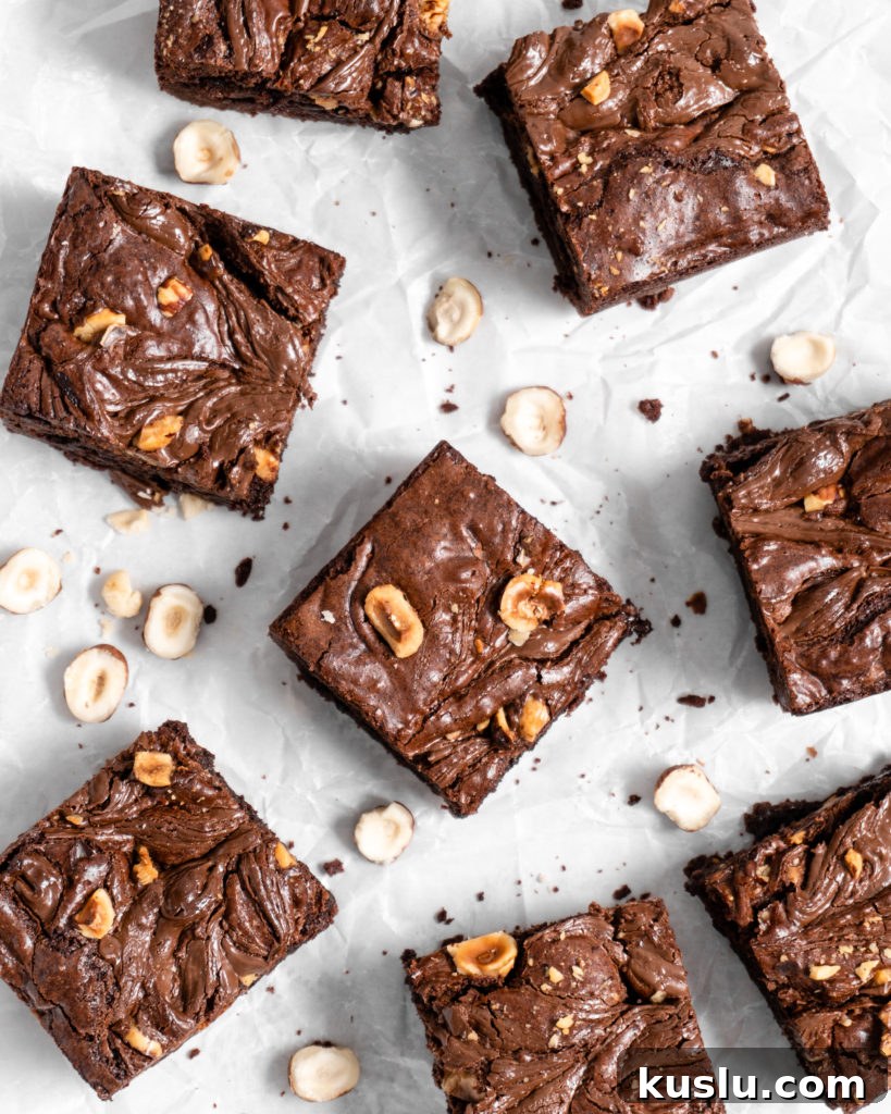 Fudgy toasted hazelnut brownies swirled with nutella