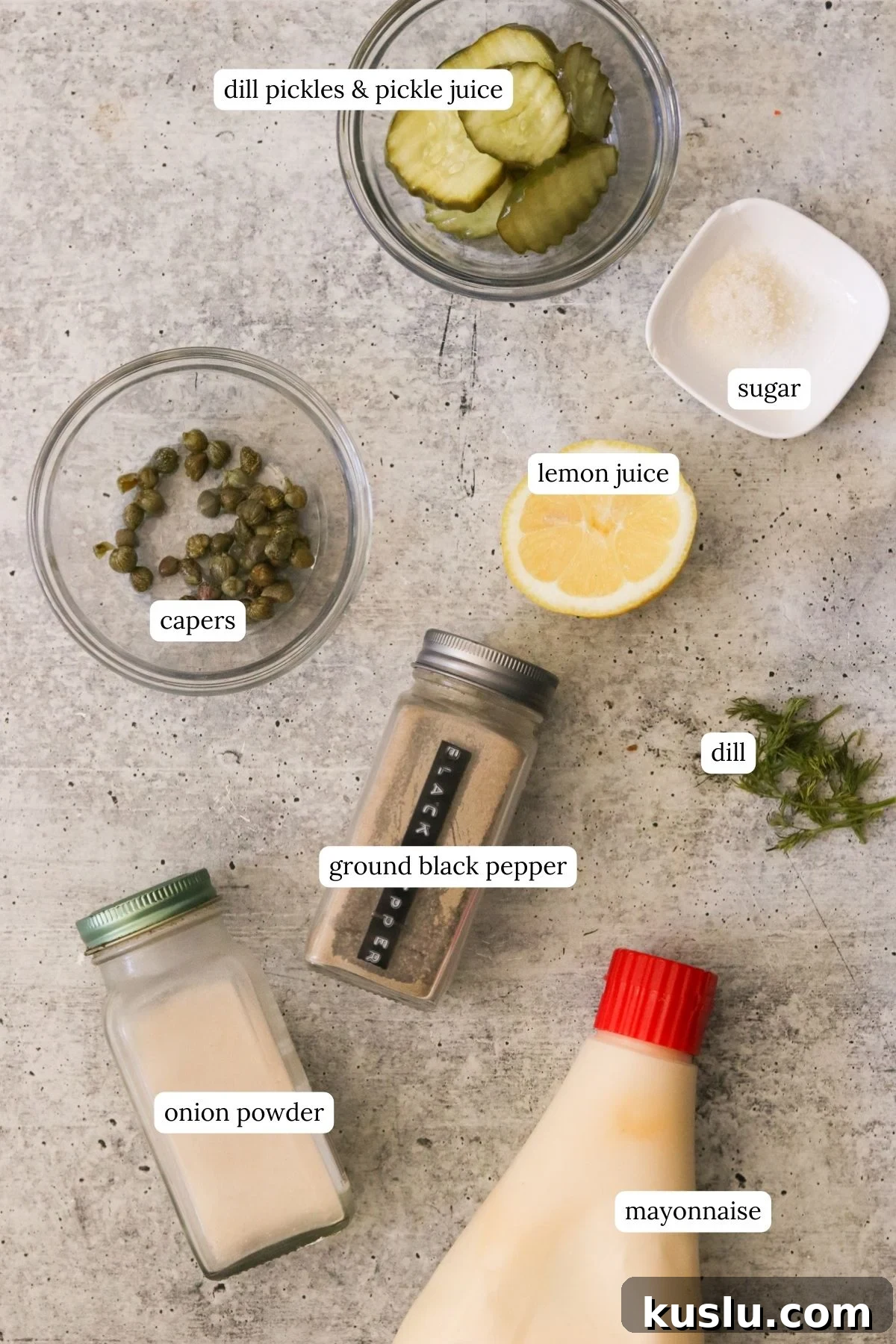 Homemade Tartar Sauce Recipe That Tops Store-Bought Options 3 recipe ingredients in small bowls and labeled