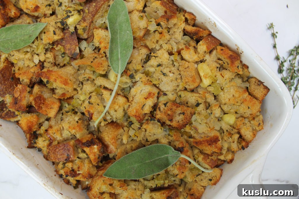 sourdough stuffing with sage leaves on top