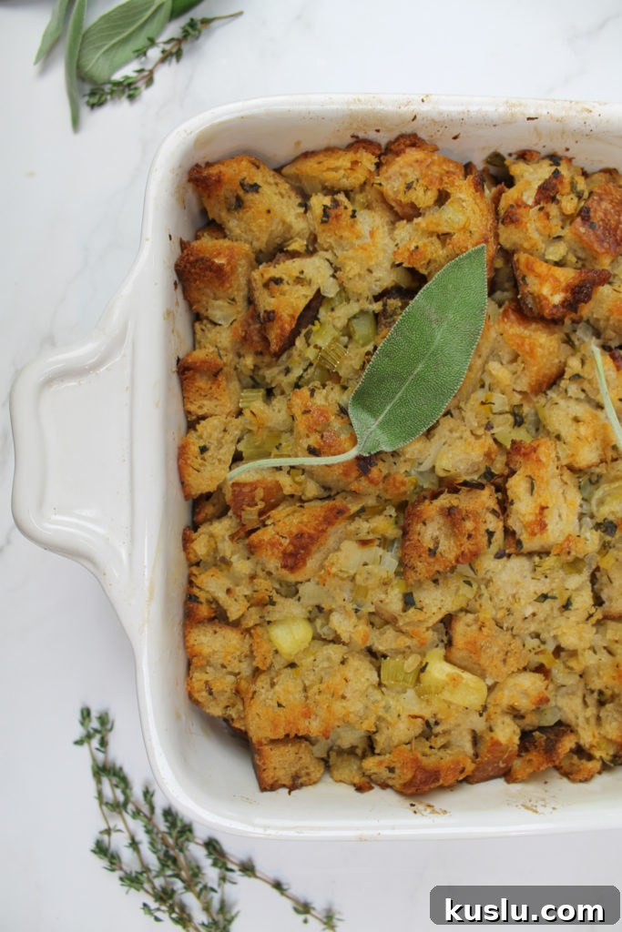 sourdough stuffing with sage and thyme in baking dish