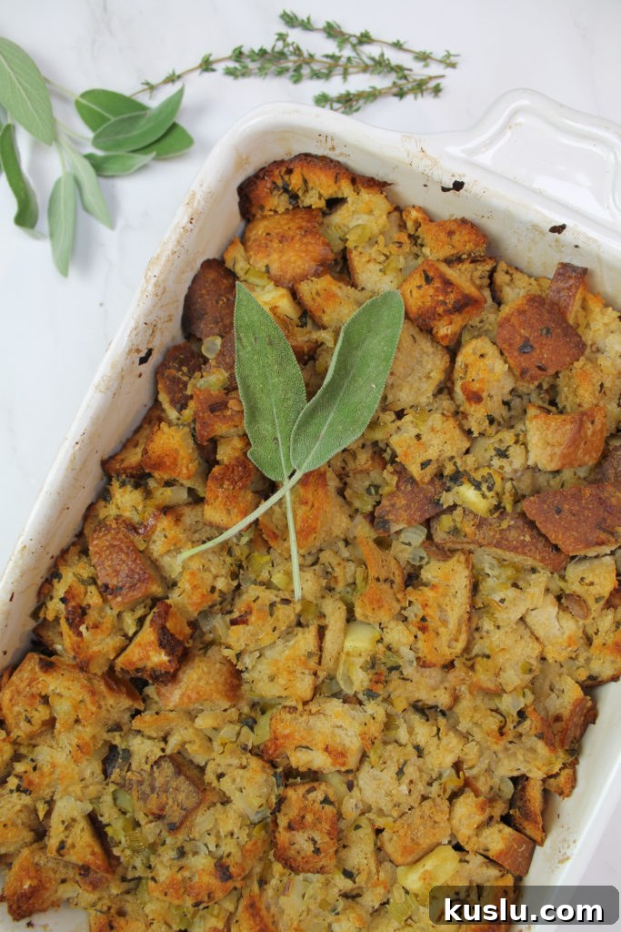 sourdough stuffing with two sage leaves 