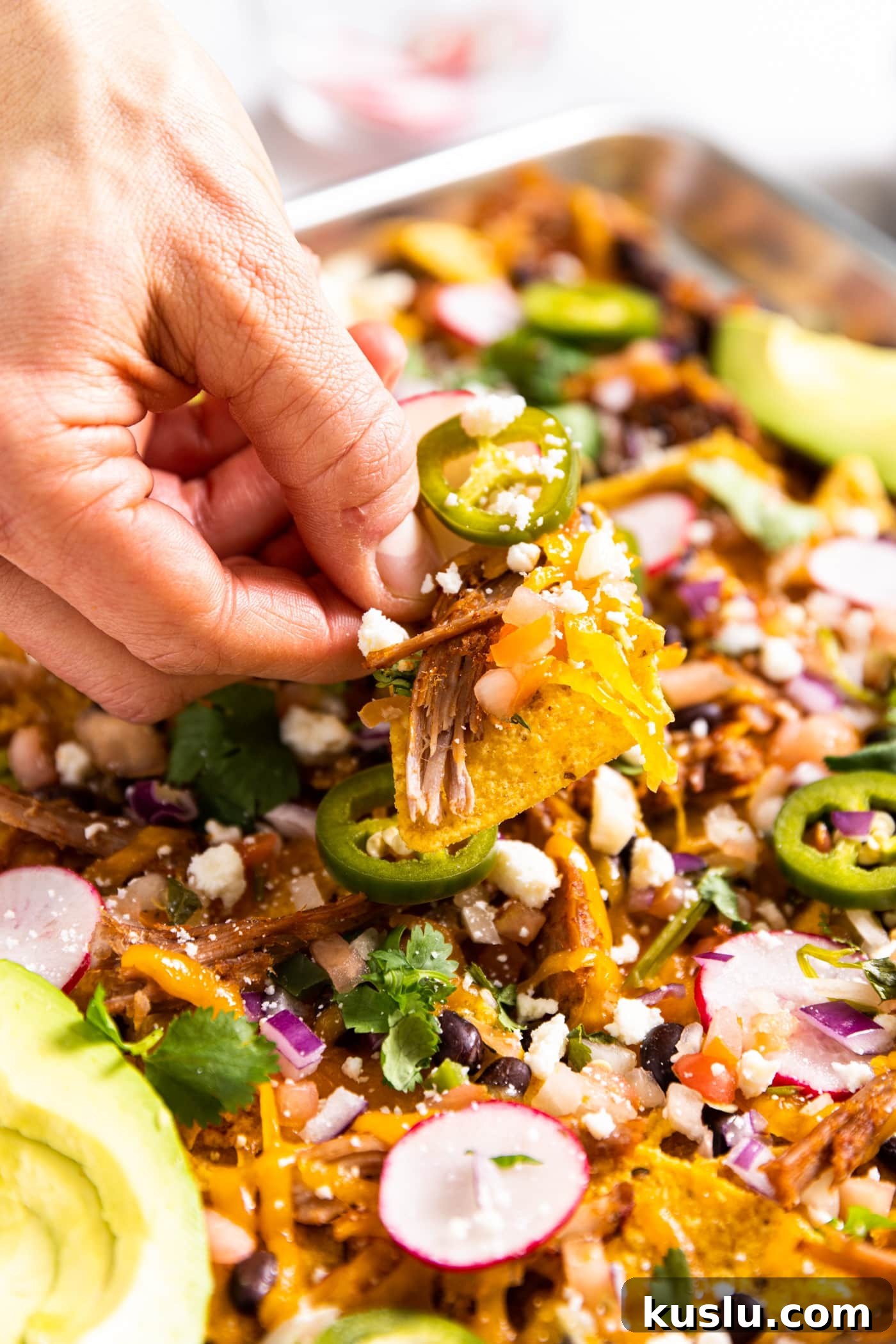 Pulled Pork Sheet-Pan Nachos: Loaded Crowd-Pleasing Recipe 5 Hand holding tortilla chip with pulled pork and jalapeño on top with rest of the chips still sitting on metal sheet pan below