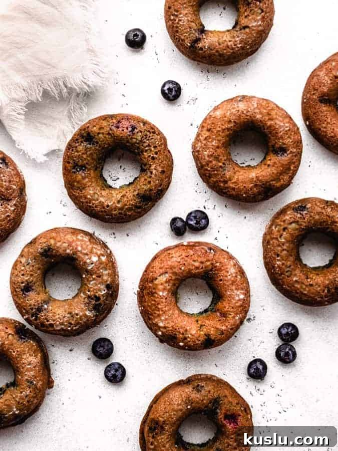 overhead of baked blueberry donuts with blueberries around