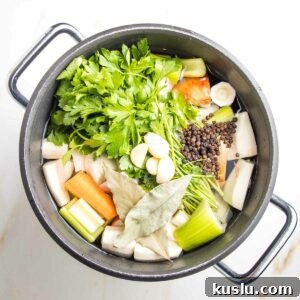 How to Make Flavorful Homemade Vegetable Broth from Scratch 9 Stock pot filled with water and veggies: a bunch of parsley, carrots, onions, celery, parsnips, bay leaves and whole peppercorns.