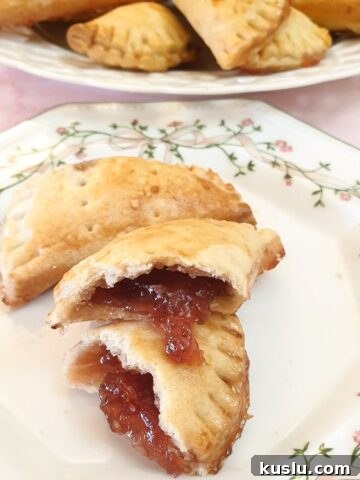A jam turnover opened to show the jam oozing out, on a cake plate