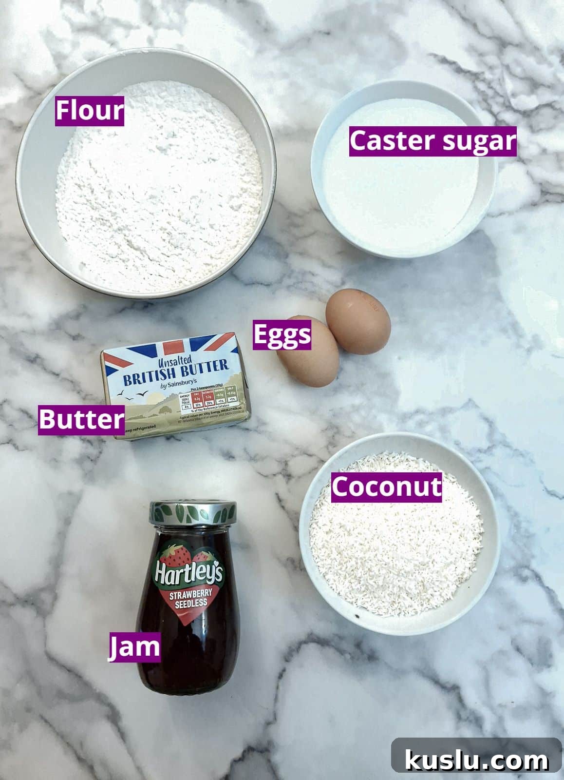 Ingredients for making a coconut jam slice.