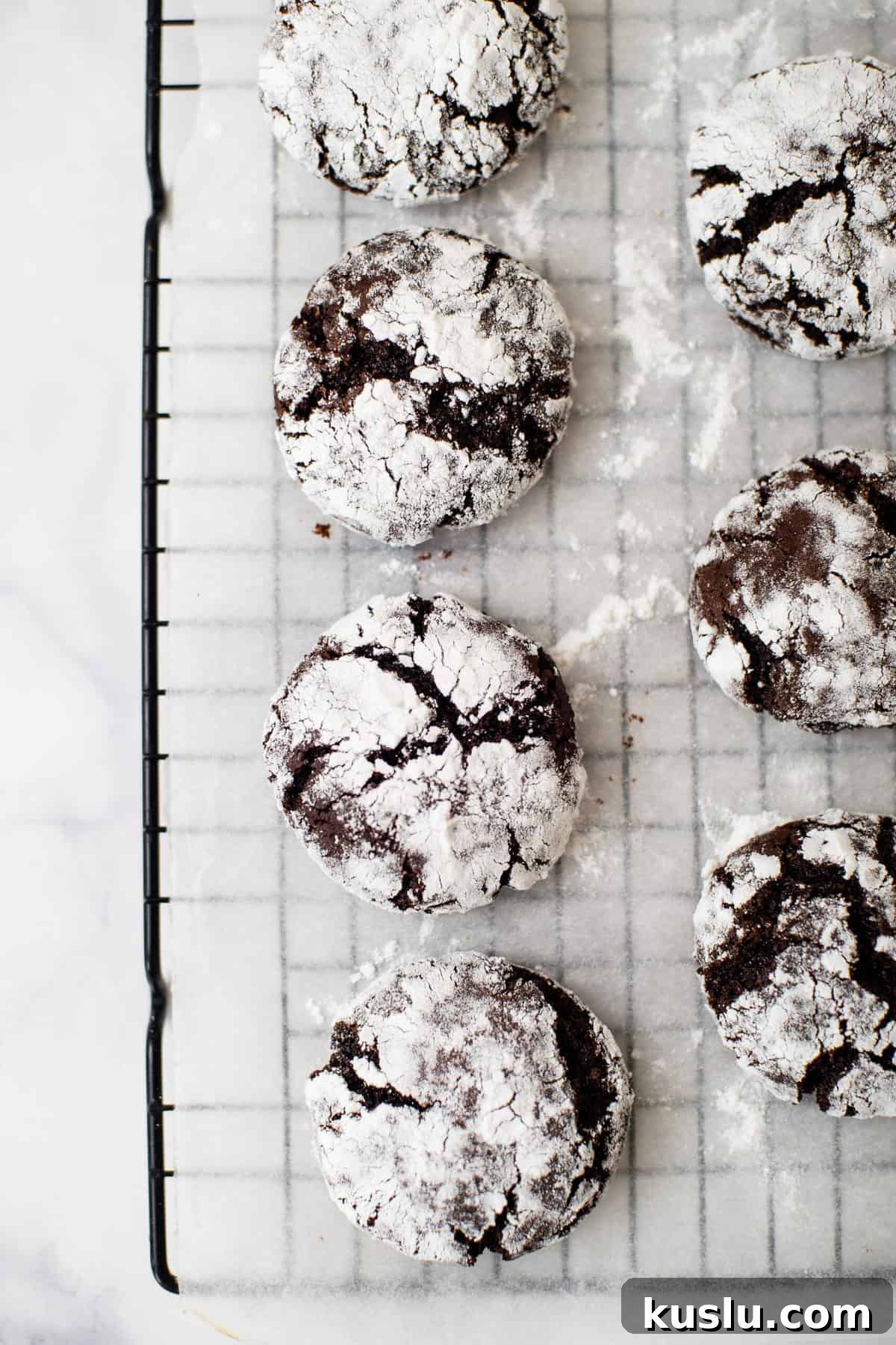 Chewy Chocolate Crinkle Cookies Recipe for Perfect Cracks 10 baked chocolate crinkle cookies on a black metal cooling rack.