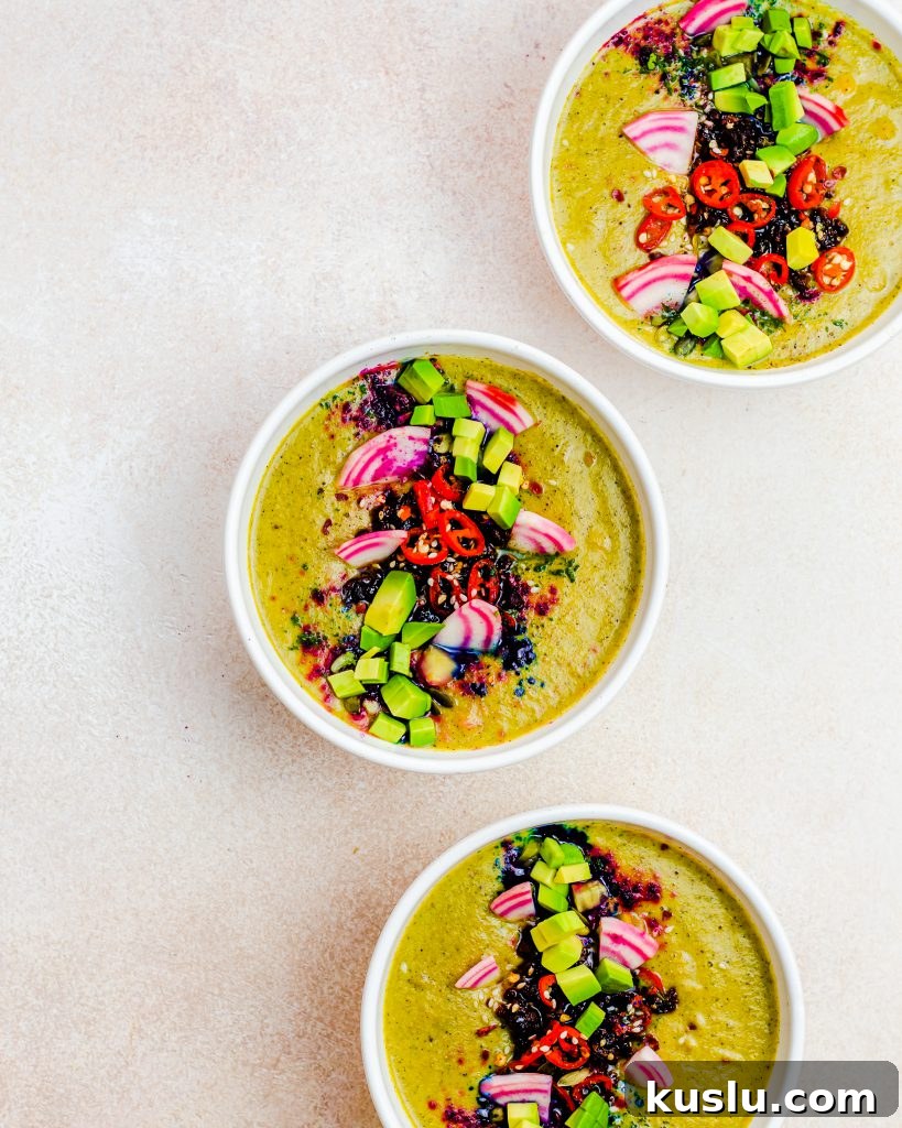 An above head shot of the creamy broccoli soup